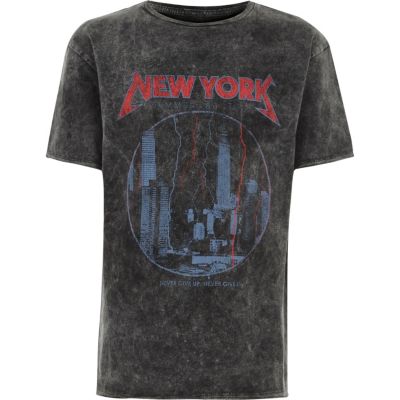Boys grey acid wash NY print T-shirt